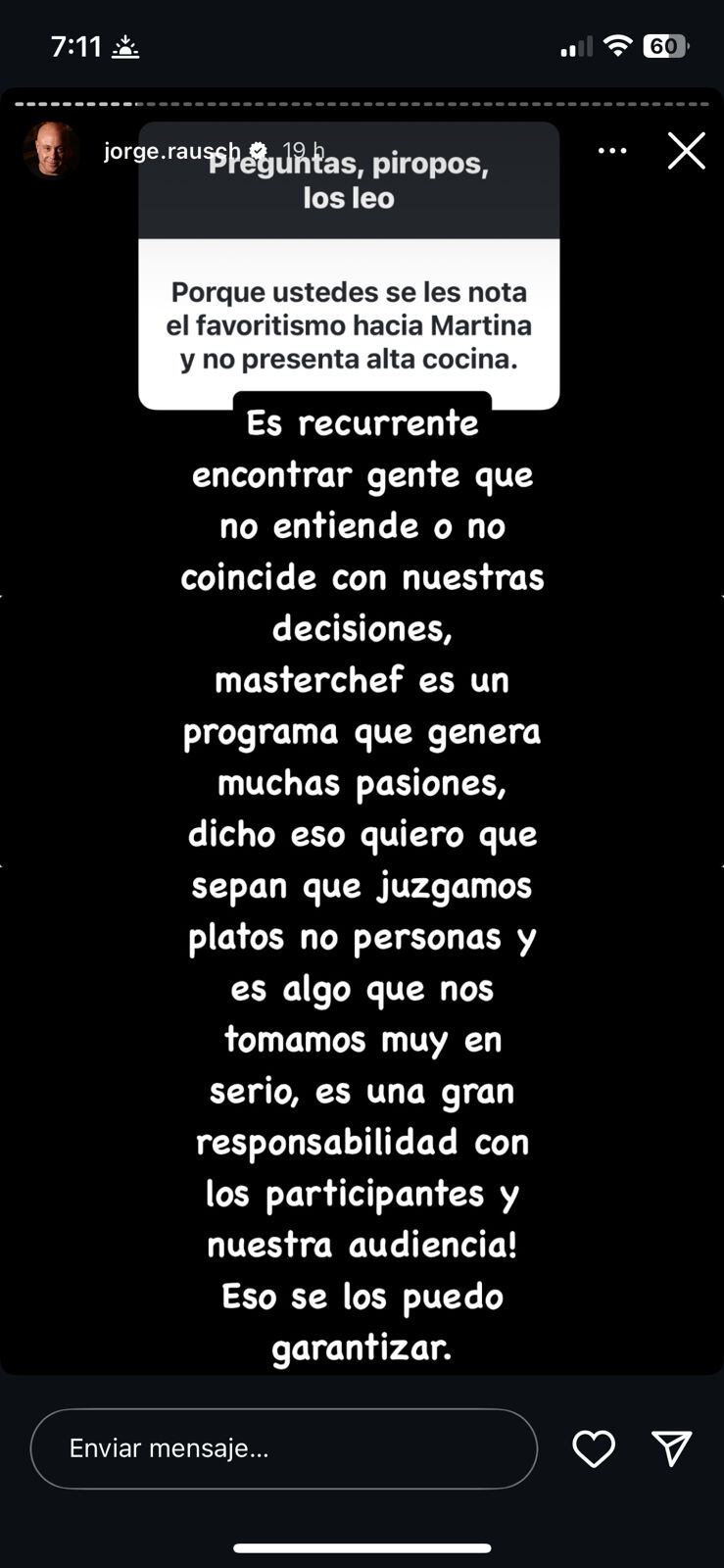 Jorge Rausch habló del supuesto favoritismo en MasterChef