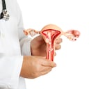 Doctor sosteniendo un modelo de útero y ovarios con algunas patologías más comunes, endometriosis, adherencias, fibromas, salpingitis, quistes, tumores de fibromas pedunculados, pólipos y varios carcinoma.