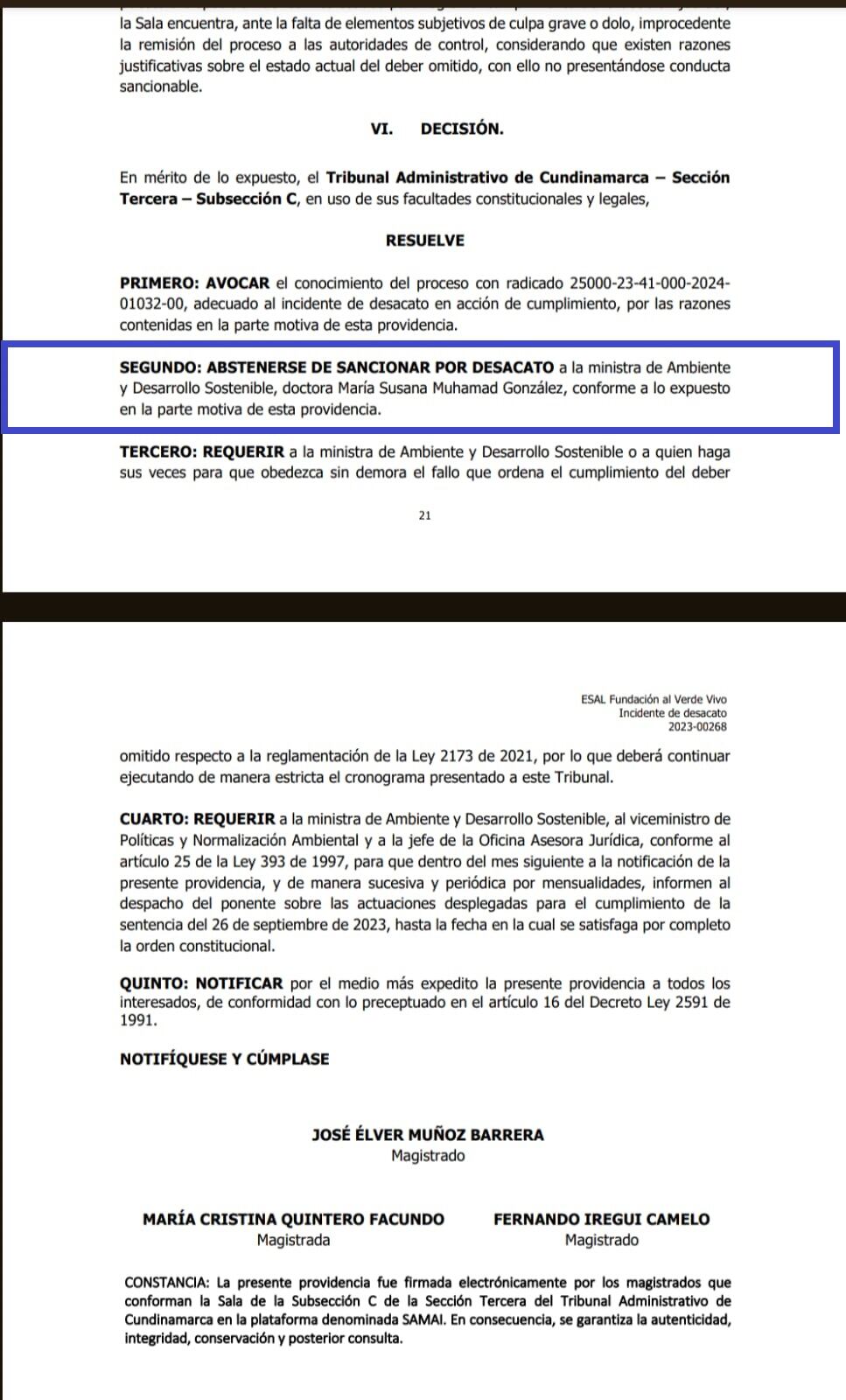 TRIBUNAL RESOLVIÓ INCIDENTE DE DESACATO CONTRA MINISTRA DEL MEDIO AMBIENTE