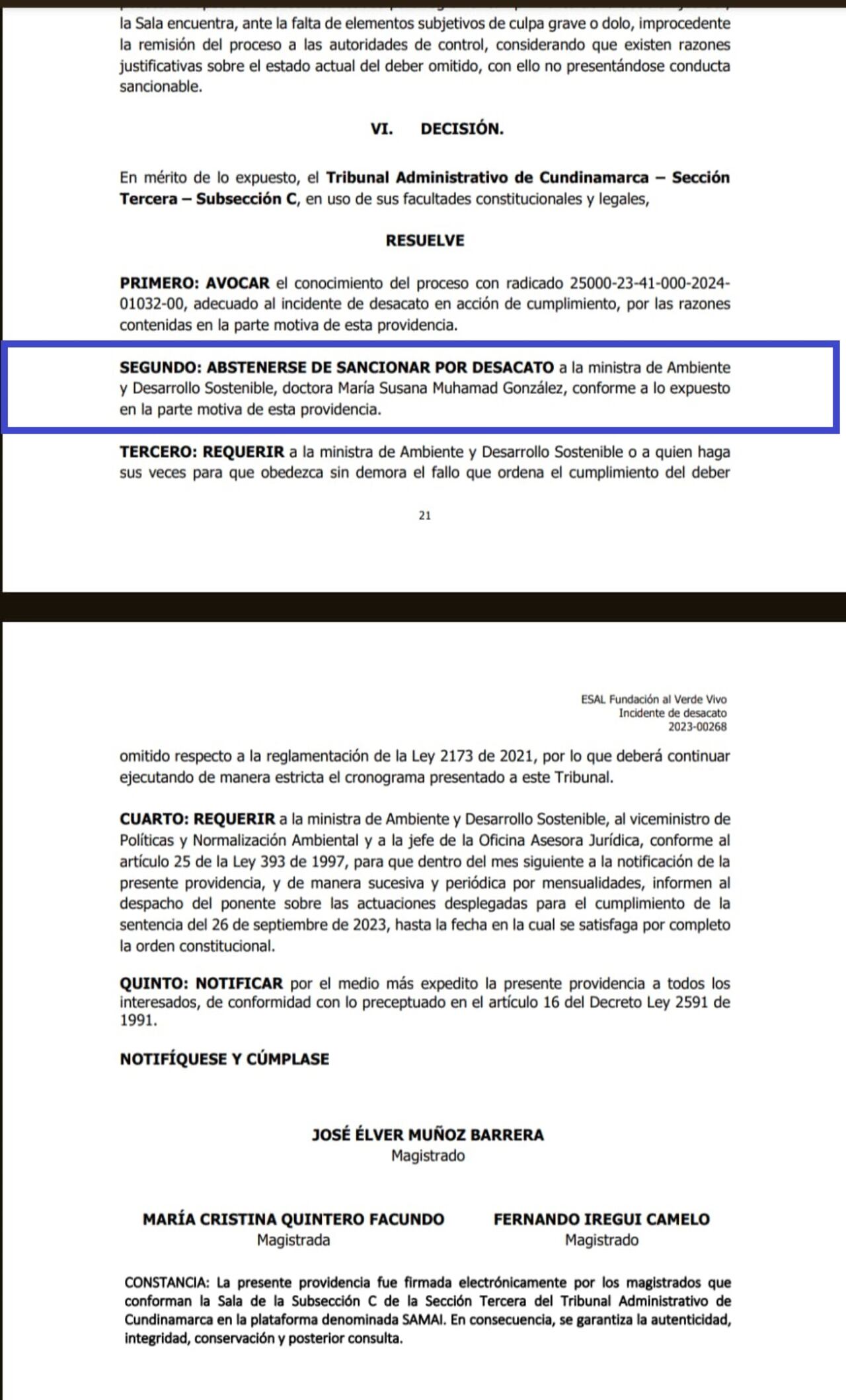 TRIBUNAL RESOLVIÓ INCIDENTE DE DESACATO CONTRA MINISTRA DEL MEDIO AMBIENTE