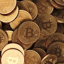 Bitcoin Crypto currency coins background. BTC Gold bitcoin Bit Coins bitcoins. Bitcoins mining concept, Blockchain money technology. 3d rendered illustration