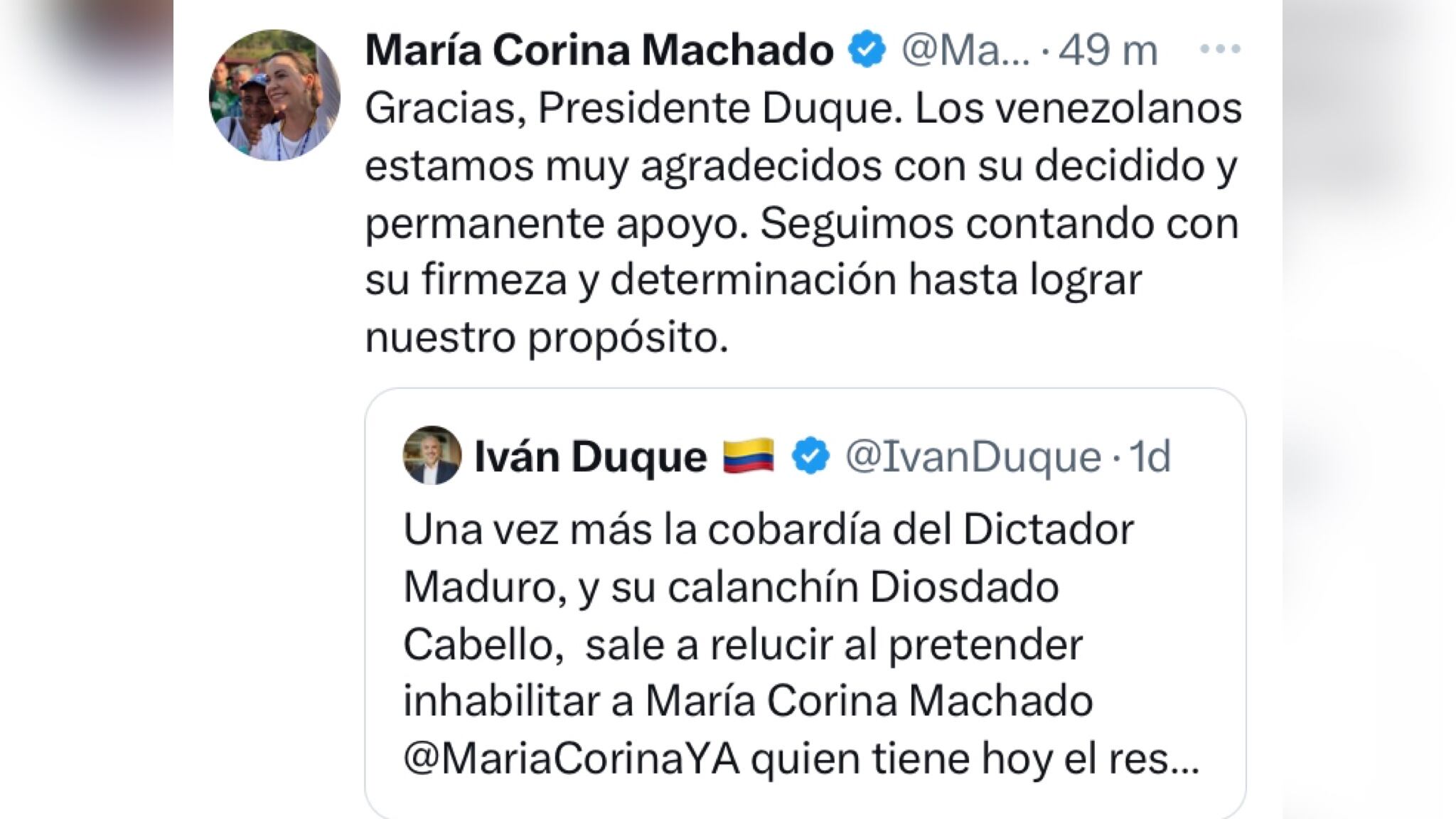 La candidata presidencial de oposición María Corina Machado  agradeció respaldo del expresidente, Iván Duque