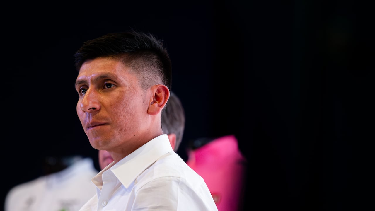 Colombian cyclist Nairo Quintana during a press conference announcing it's return to the Movistar Cycling team, in Bogota, Colombia on october 30, 2023. (Photo by Sebastian Barros/NurPhoto via Getty Images)
