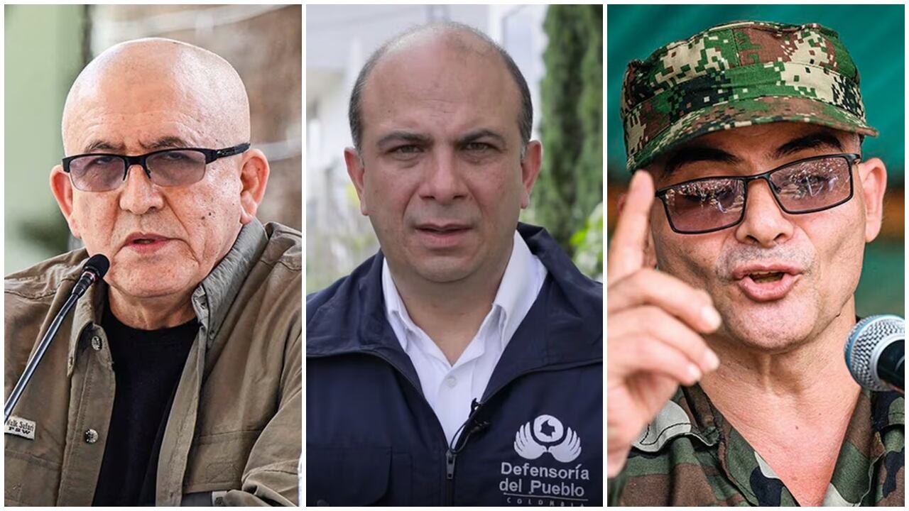 Antonio García, comandante del ELN; Carlos Camargo, defensor del Pueblo; e Iván Mordisco, comandante de las disidencias de las Farc