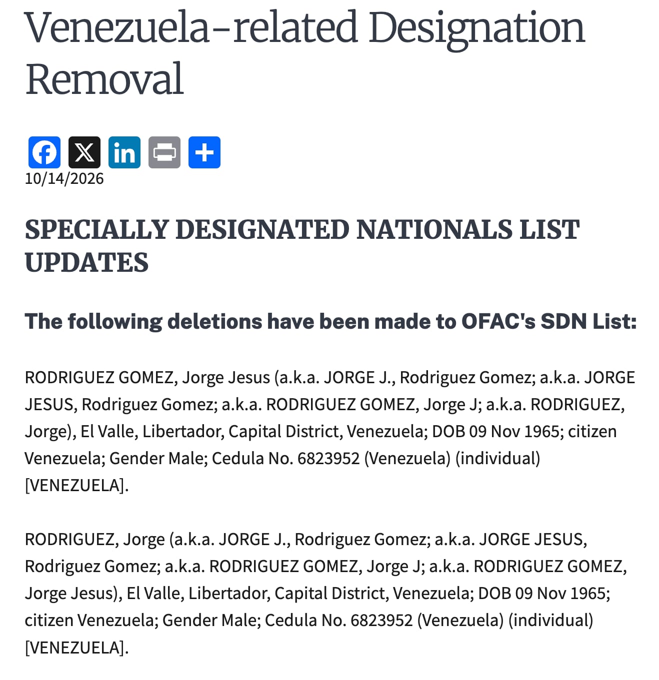 Publicación del Departamento del Tesoro sobre Jorge Rodríguez