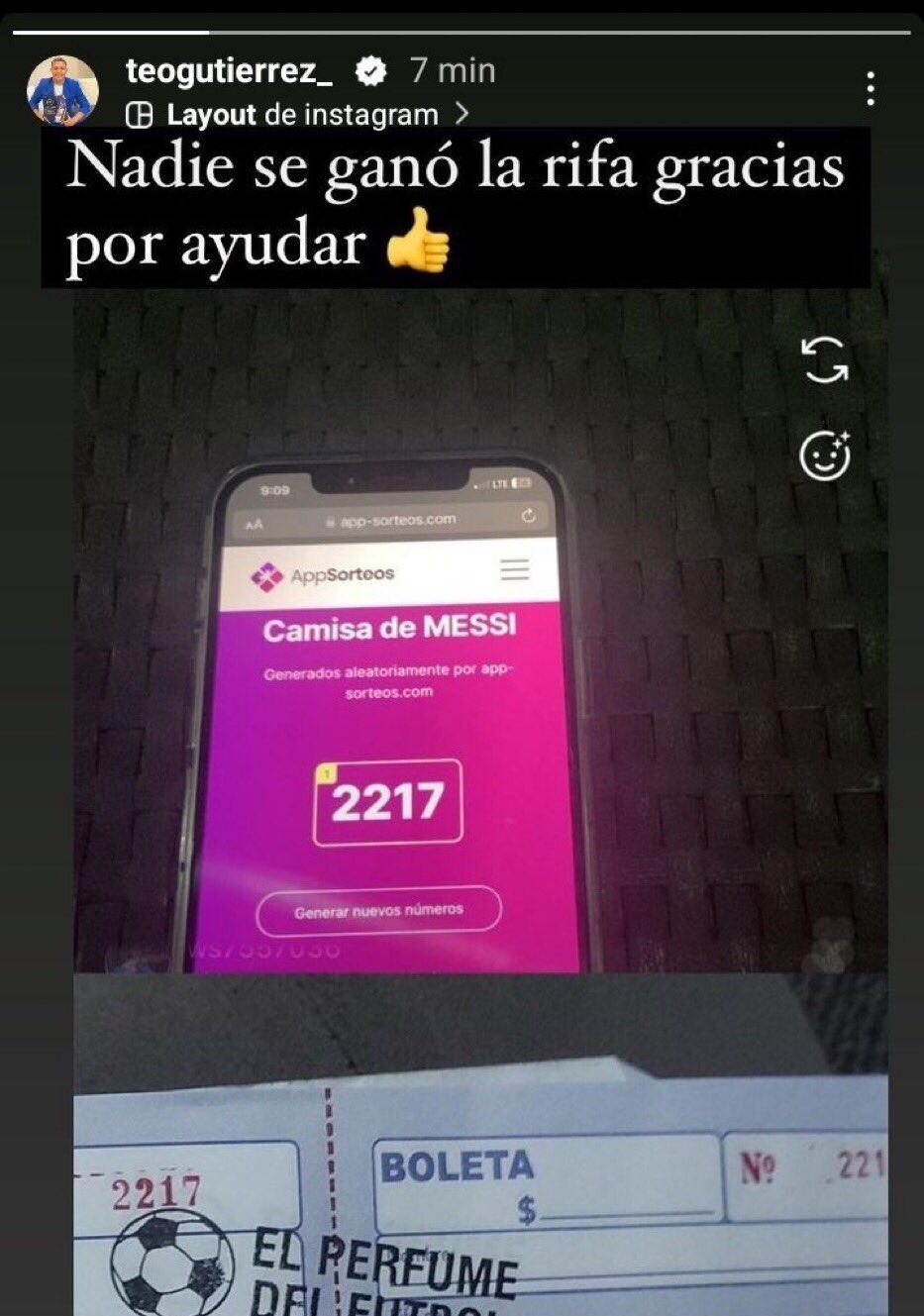 "Nadie se ganó la rifa, gracias por ayudar" escribió Teo en su Instagram