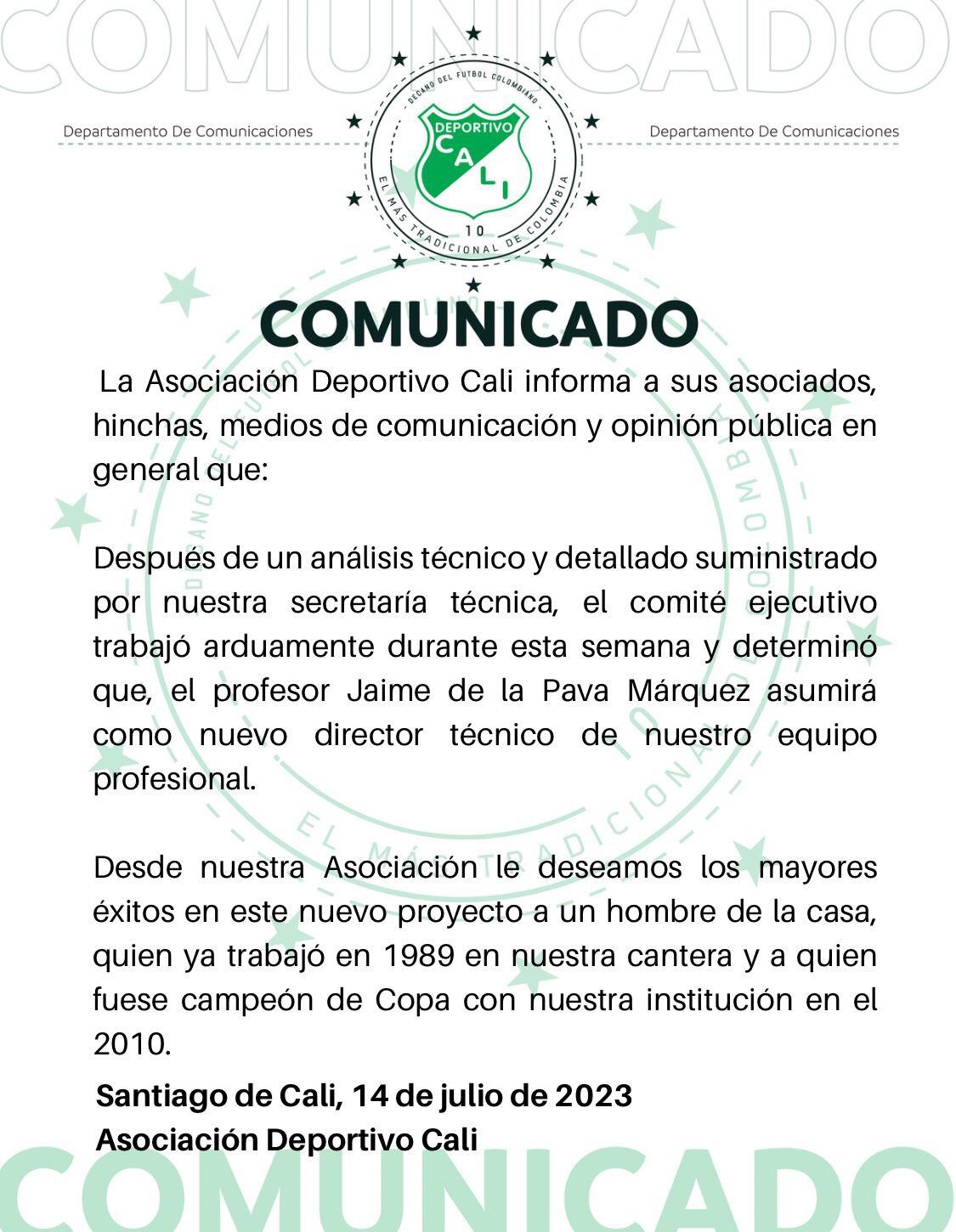 Este es el comunicado oficial del nuevo DT del Deportivo Cali