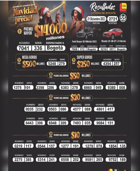 Lotería de Bogotá. Sorteo del 21 de diciembre de 2023.