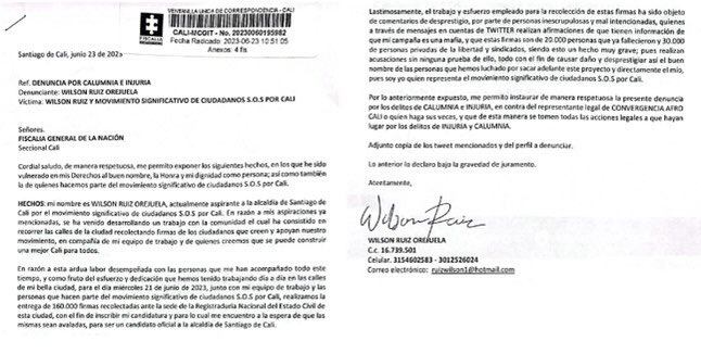 Denuncia de Wilson Ruiz ante la Fiscalía.