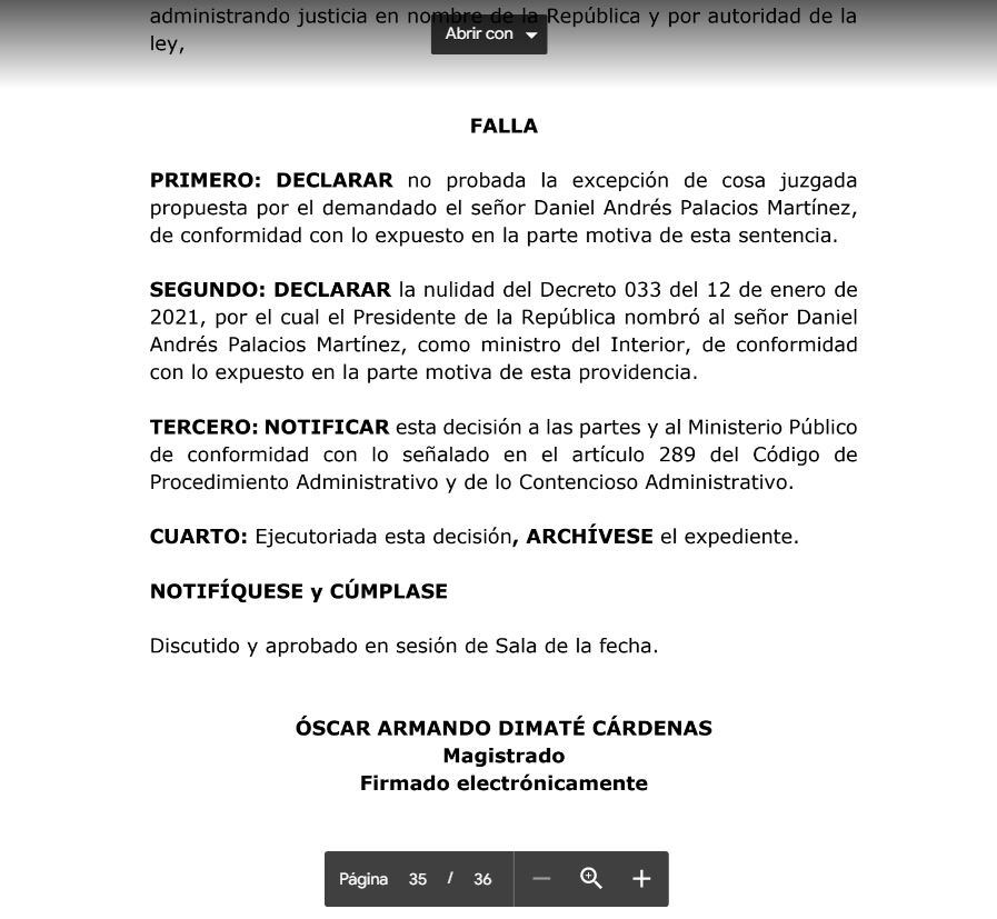 Tribunal declaró nulo el fallo que designó a Daniel Palacios como MinInterior.