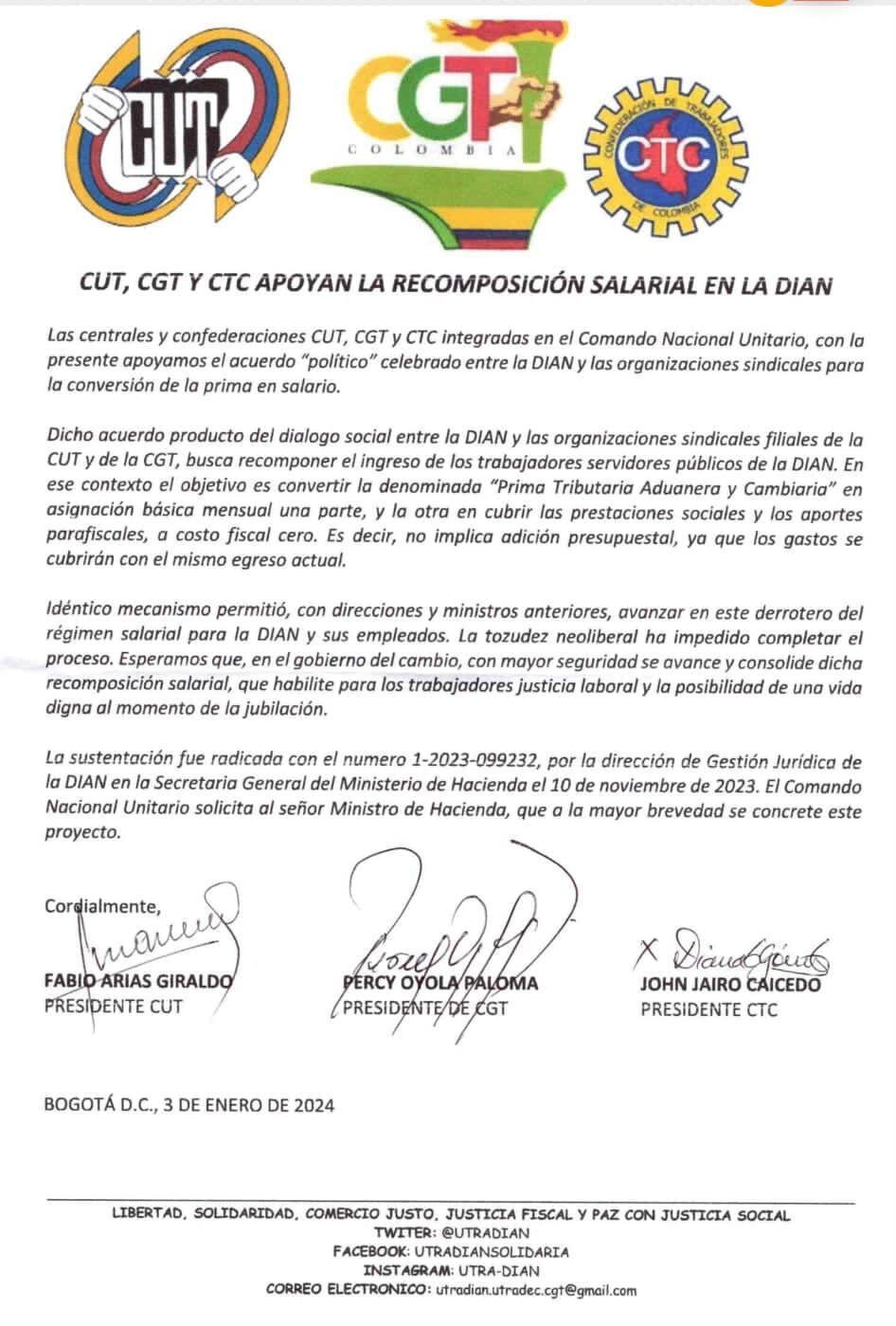 Carta del Comando Nacional Unitario sobre "recomposición salarial" en la Dian