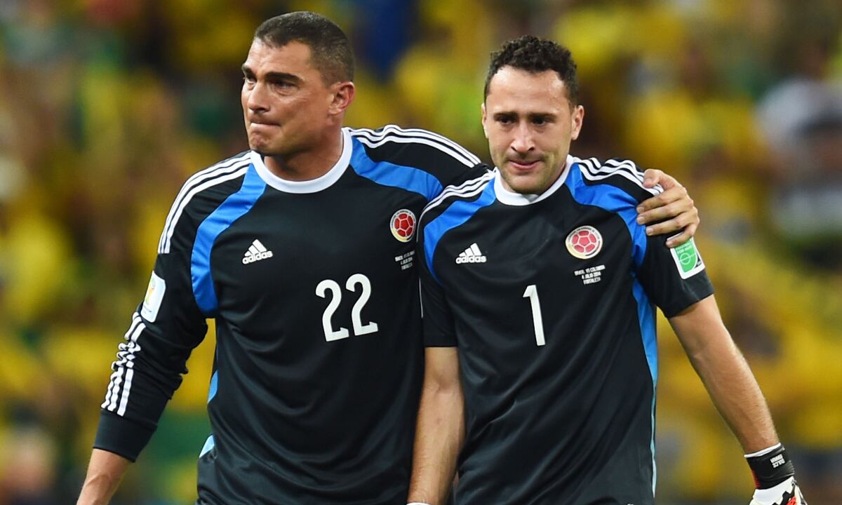 FORTALEZA, BRAZIL - JULY 04: Goalkeepers Faryd Mondragon (L) and David Ospina of Colombia look dejected after being defeated 2-1 by Brazil in the 2014 FIFA World Cup Brazil Quarter Final match between Brazil and Colombia at Castelao on July 4, 2014 in Fortaleza, Brazil. (Photo by Jamie McDonald/Getty Images)