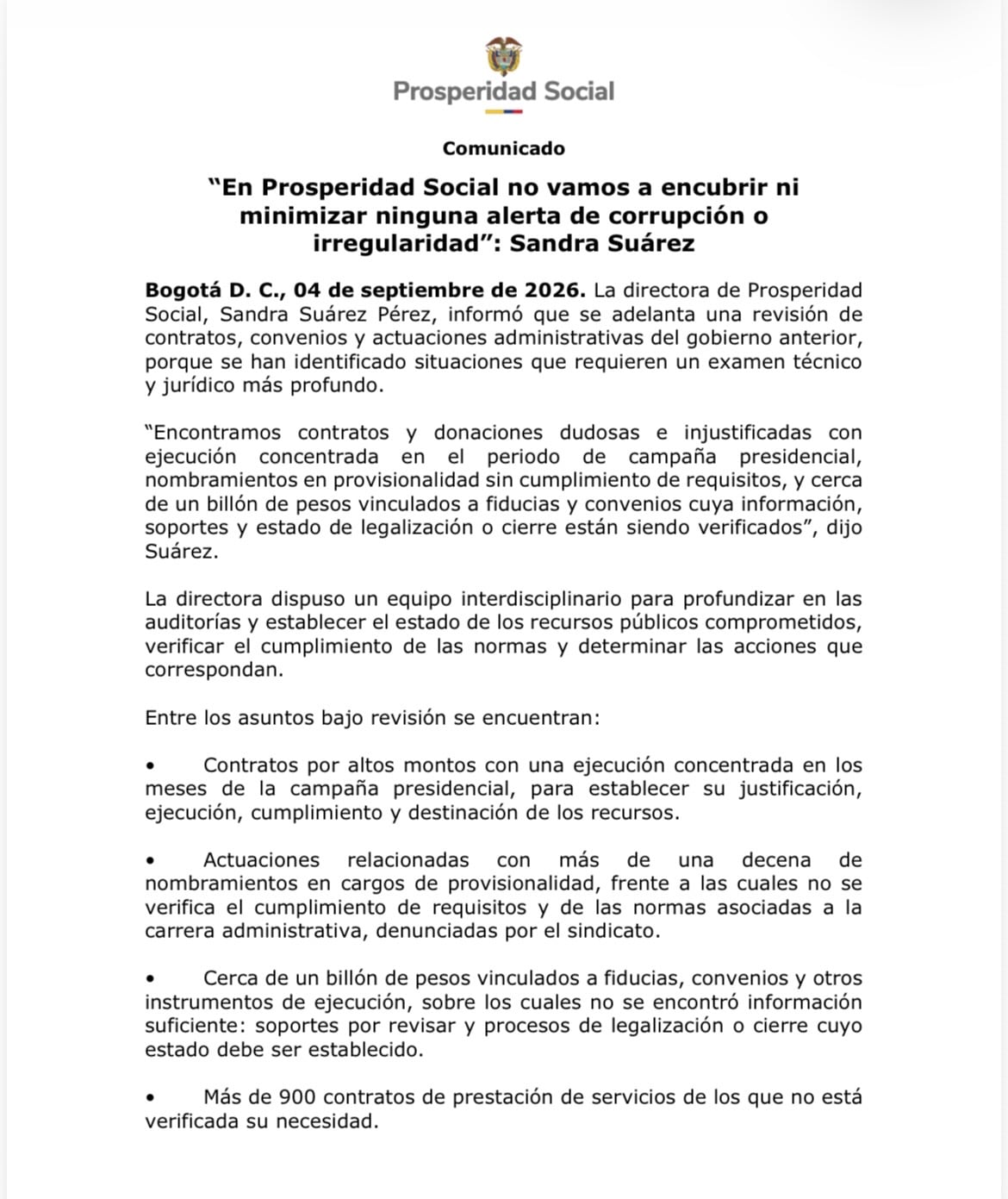 Comunicado Prosperidad Social