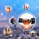 Concepto de red empresarial. Grupo de empresario. Trabajo en equipo. Recursos humanos.