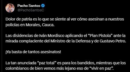 Trino de 'Pacho' Santos sobre el asesinato de tres uniformados en Morales, Cauca.