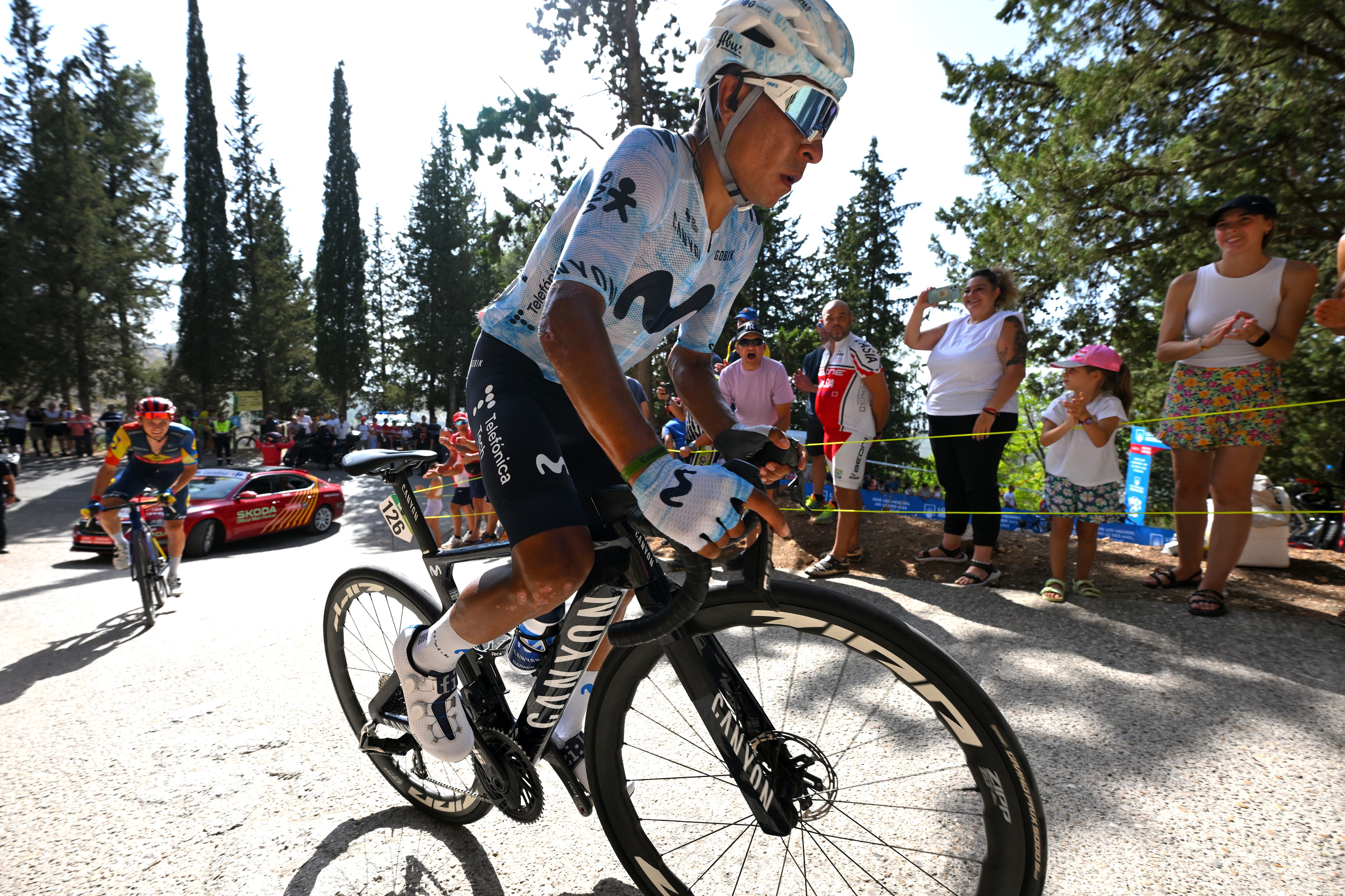CAZORLA, SPAIN - AUGUST 24: Nairo Quintana of Colombia and Team Movistar competes during the La Vuelta - 79th Tour of Spain 2024, Stage 8 a159km stage from Ubeda to Cazorla 1056m / #UCIWT / on August 24, 2024 in Cazorla, Spain. (Photo by Tim de Waele/Getty Images)