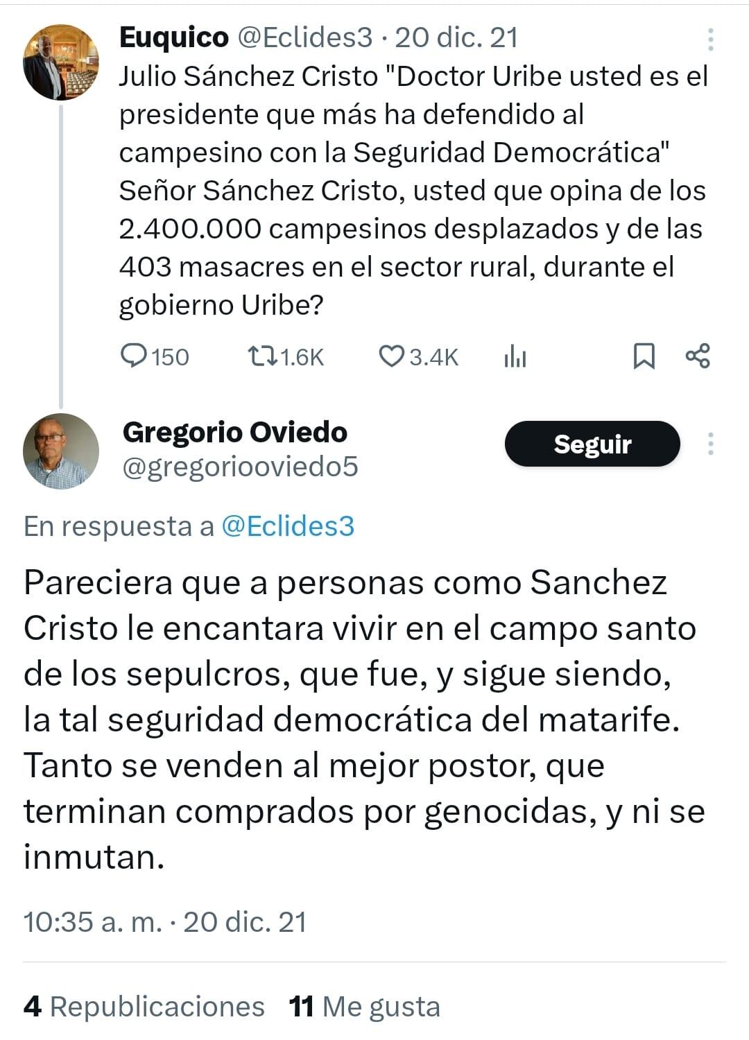 Gregorio Oviedo, esposo de Amelia Pérez, publicó mensajes contra el expresidente Álvaro Uribe.
