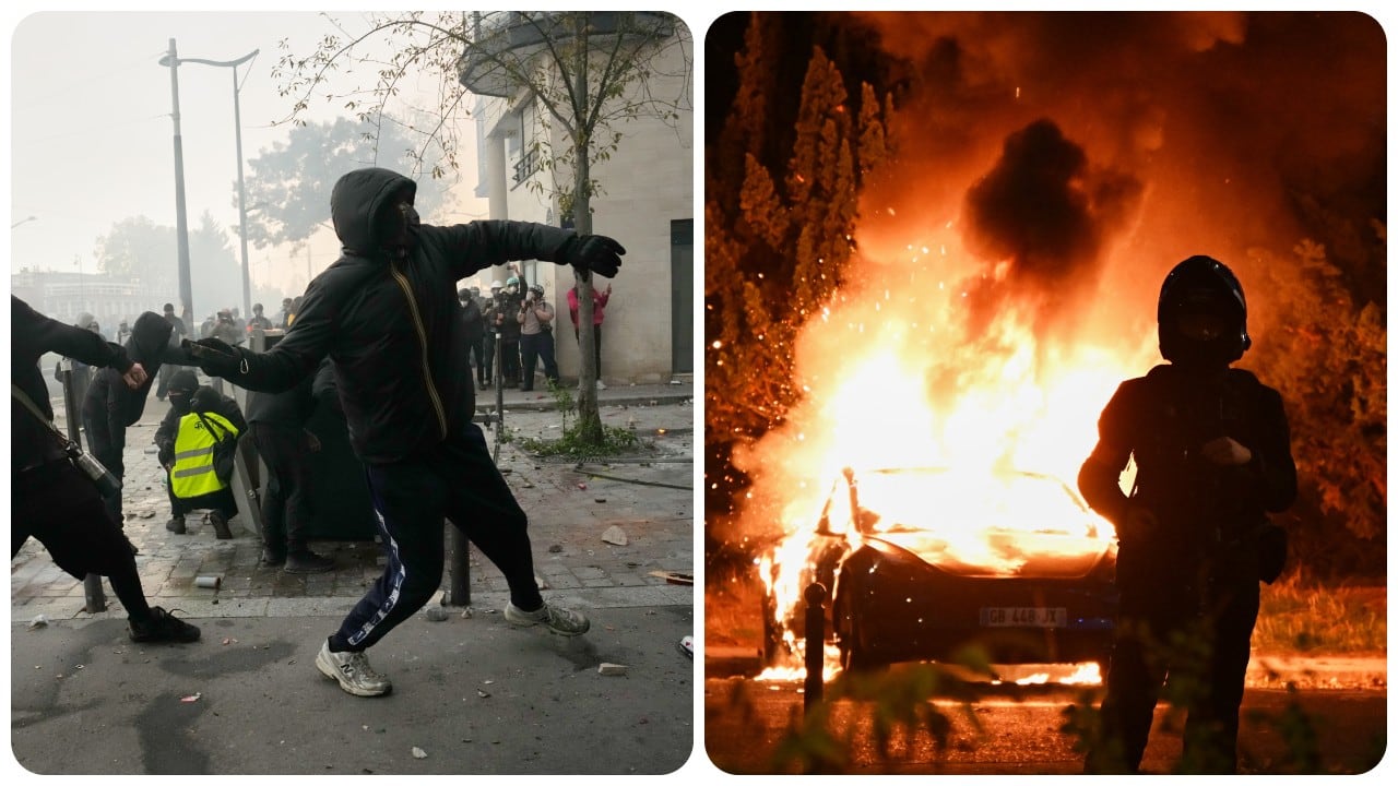 Manifestantes lanzaron piedras y quemaron vehículos durante protestas por el costo de vida y la educación en París, Francia.
