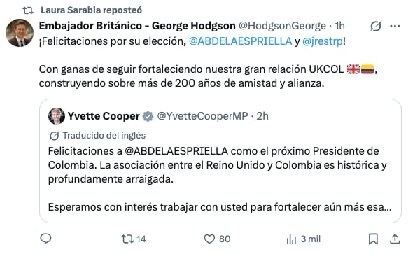 Los mensajes de felicitaciones a Abelardo De La Espriella.