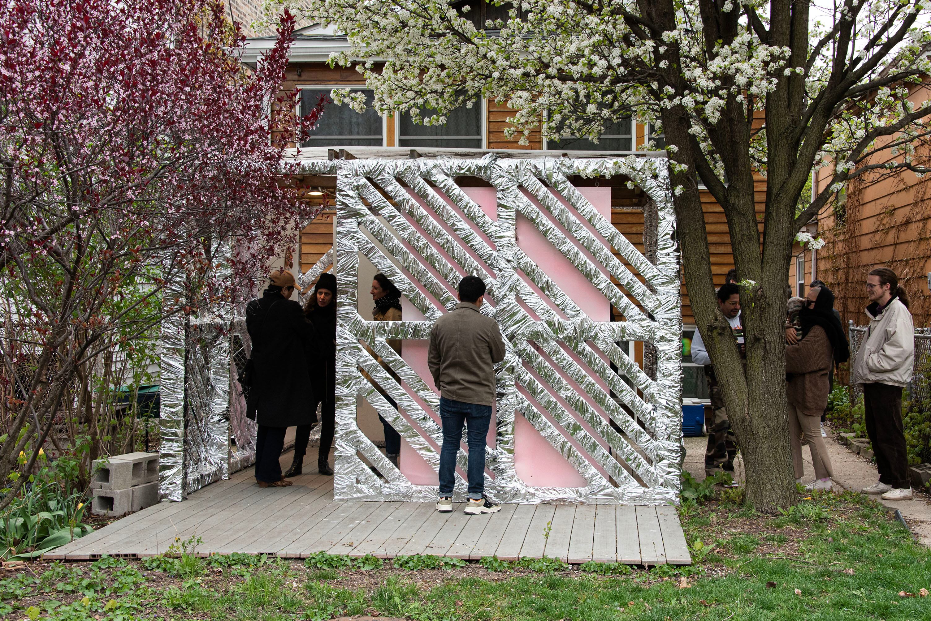 Amuleto
Amuleto is a collaboration between the independent art spaces The Franklin, Mayfield, and Hyde Park Art Center to present artwork by artists that address the ideas of the amulet/amuleto: portable objects that are attributed to magical, emotional, or sentimental value.
As part of this group show I decided to wrap the Franklin Gallery as one of the spaces in which the group show took place. I used emergency blankets to cover and wrap the structure of the gallery.