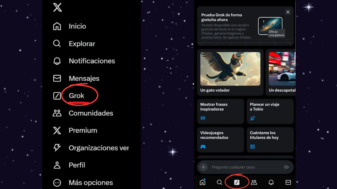 En la imagen, el acceso a Grok mediante la app en iOS aparece a la derecha, y a la izquierda se observa cómo ingresar desde un navegador.