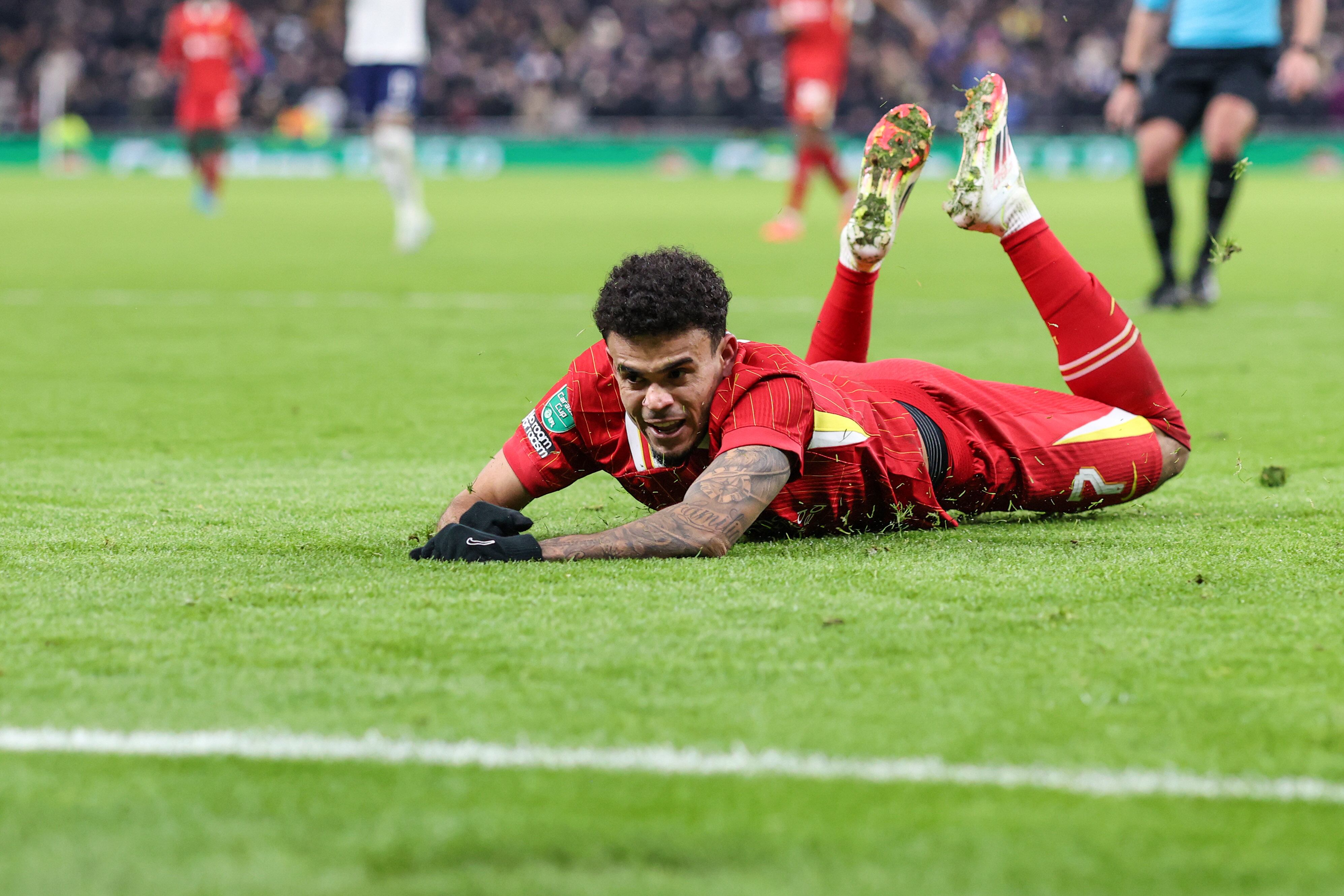 LONDON, ENGLAND - JANUARY 8: Luis Diaz of Liverpool during the Carabao Cup Semi Final First Leg match between Tottenham Hotspur and Liverpool at Tottenham Hotspur Stadium on January 8, 2025 in London, England. (Photo by Charlotte Wilson/Offside/Offside via Getty Images)