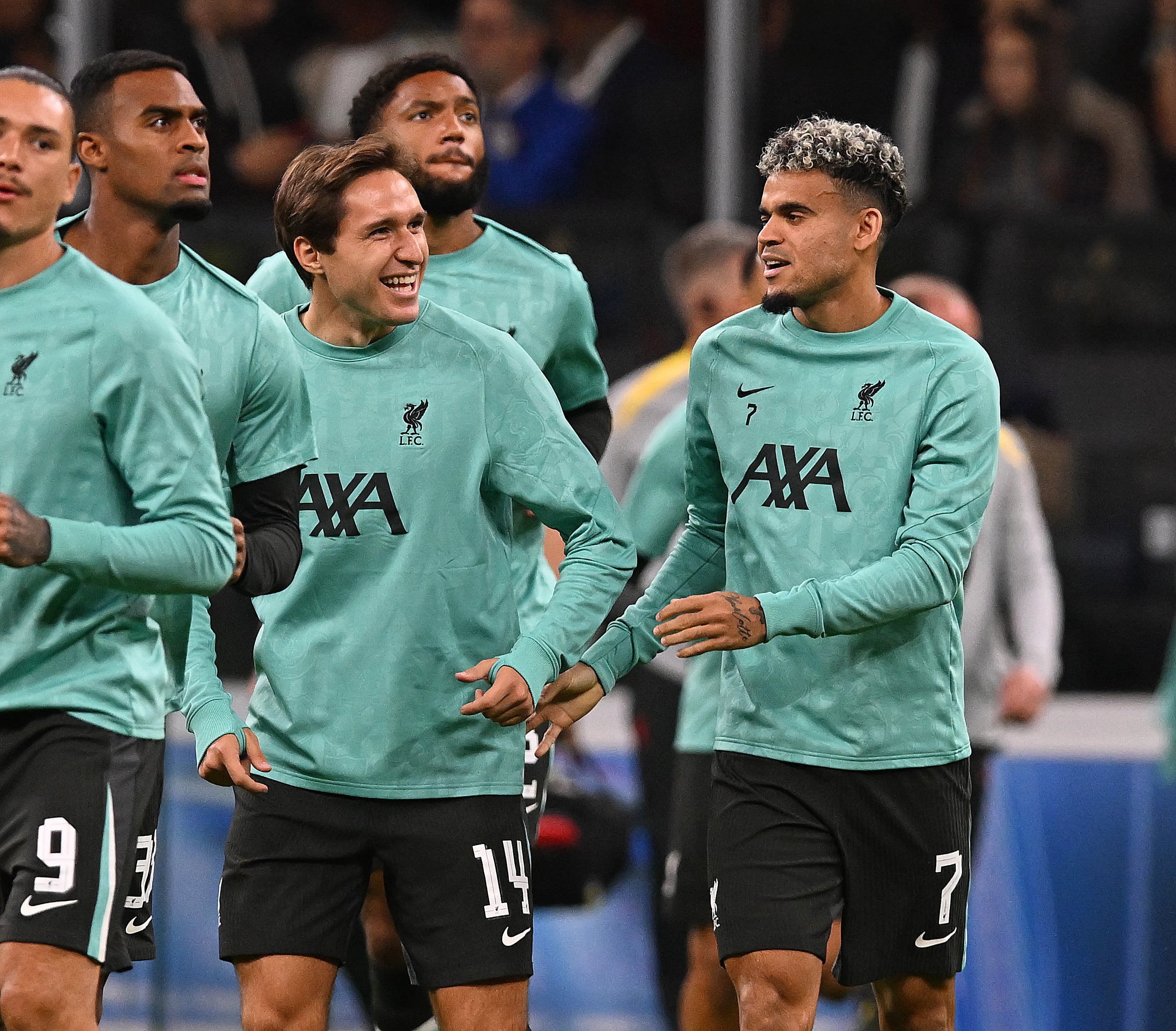 MILAN, ITALY - SEPTEMBER 17: (THE SUN OUT, THE SUN ON SUNDAY OUT)  Federico Chiesa of Liverpool with Luis Diaz of Liverpool  the UEFA Champions League 2024/25 League Phase MD1 match between 	AC Milan and Liverpool FC at Stadio San Siro on September 17, 2024 in Milan, Italy. (Photo by John Powell/Liverpool FC via Getty Images)