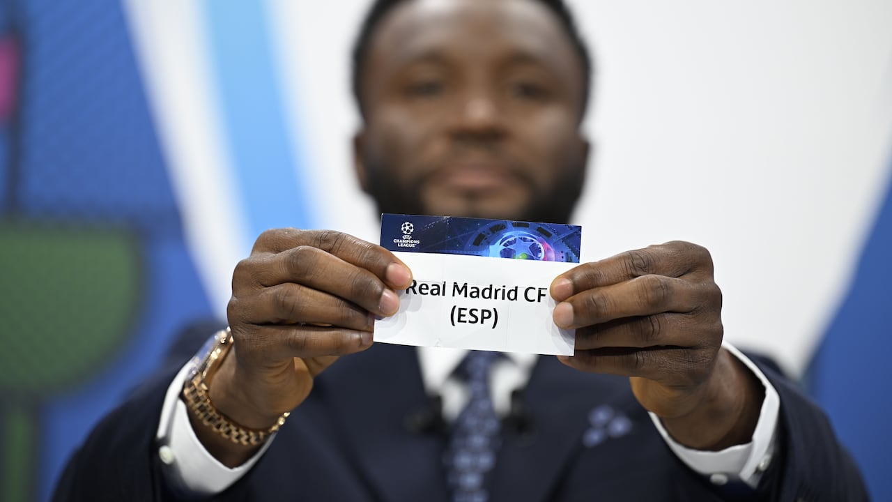 NYON, SWITZERLAND - MARCH 15: Special guest John Obi Mikel draws out the card of Real Madrid CF during the UEFA Champions League 2023/24 Quarter-finals And Semi-finals Draw at the UEFA Headquarters, The House of the European Football, on March 15, 2024 in Nyon, Switzerland (Photo by Kristian Skeie - UEFA/UEFA via Getty Images)