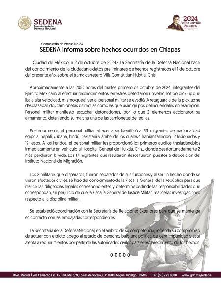 Comunicado de SEDENA sobre los hechos