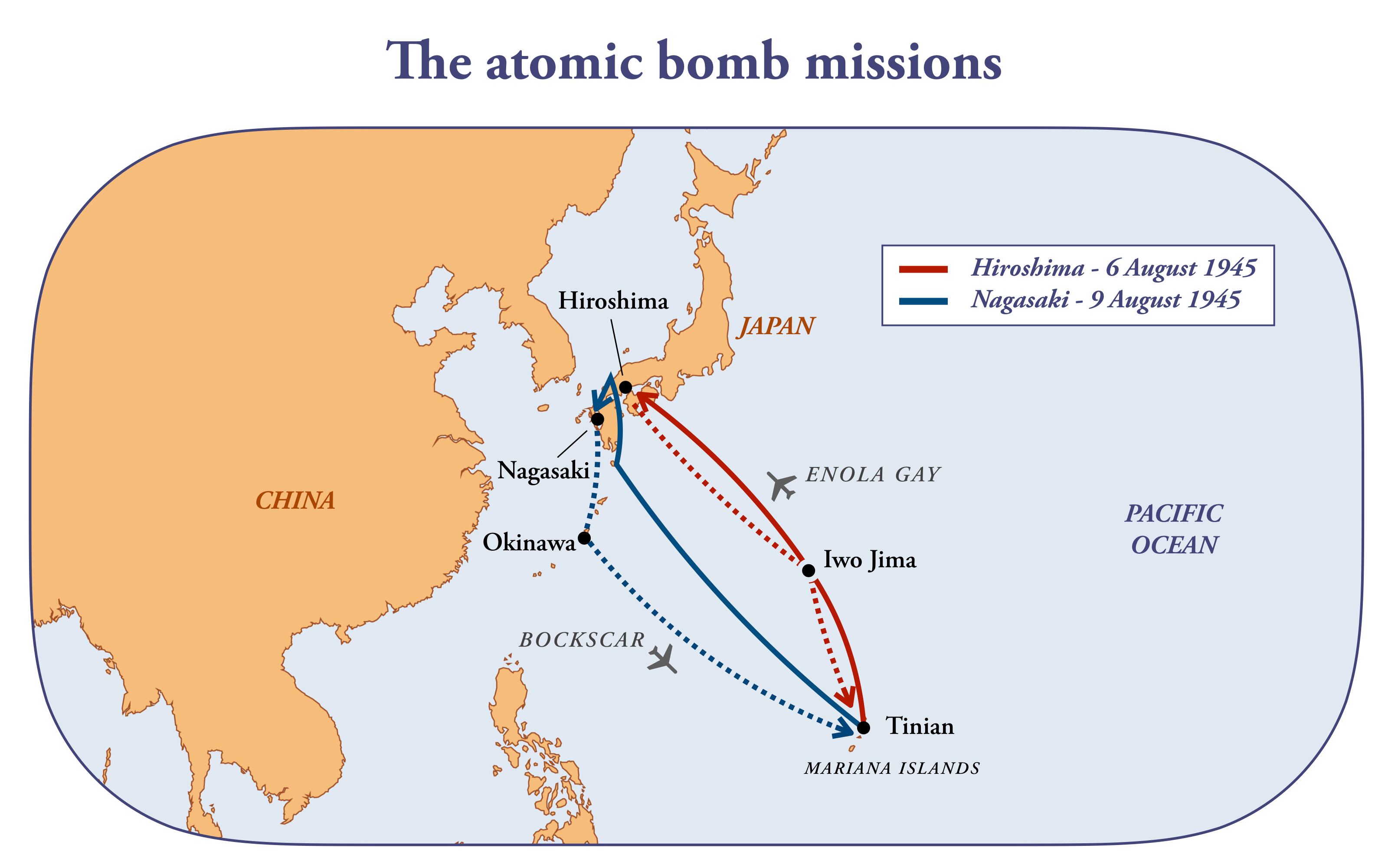 Mapa de vuelo de las misiones de las bombas atómicas en Hiroshima y Nagasaki en 1945