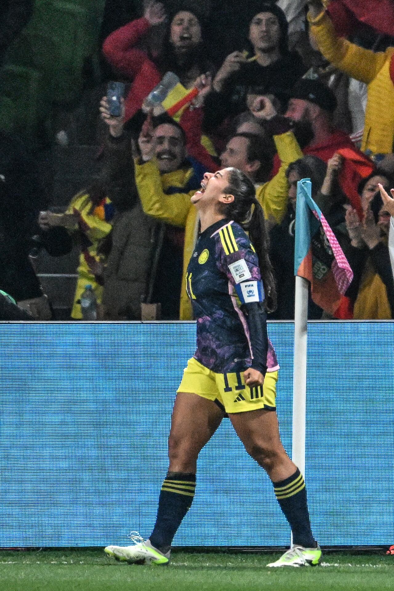 celebrates scoring her team's first goal during the Australia and New Zealand 2023 Women's World Cup round of 16 football match between Jamaica and Colombia at Melbourne Rectangular Stadium, also known as AAMI Park, in Melbourne on August 8, 2023. (Photo by WILLIAM WEST / AFP)