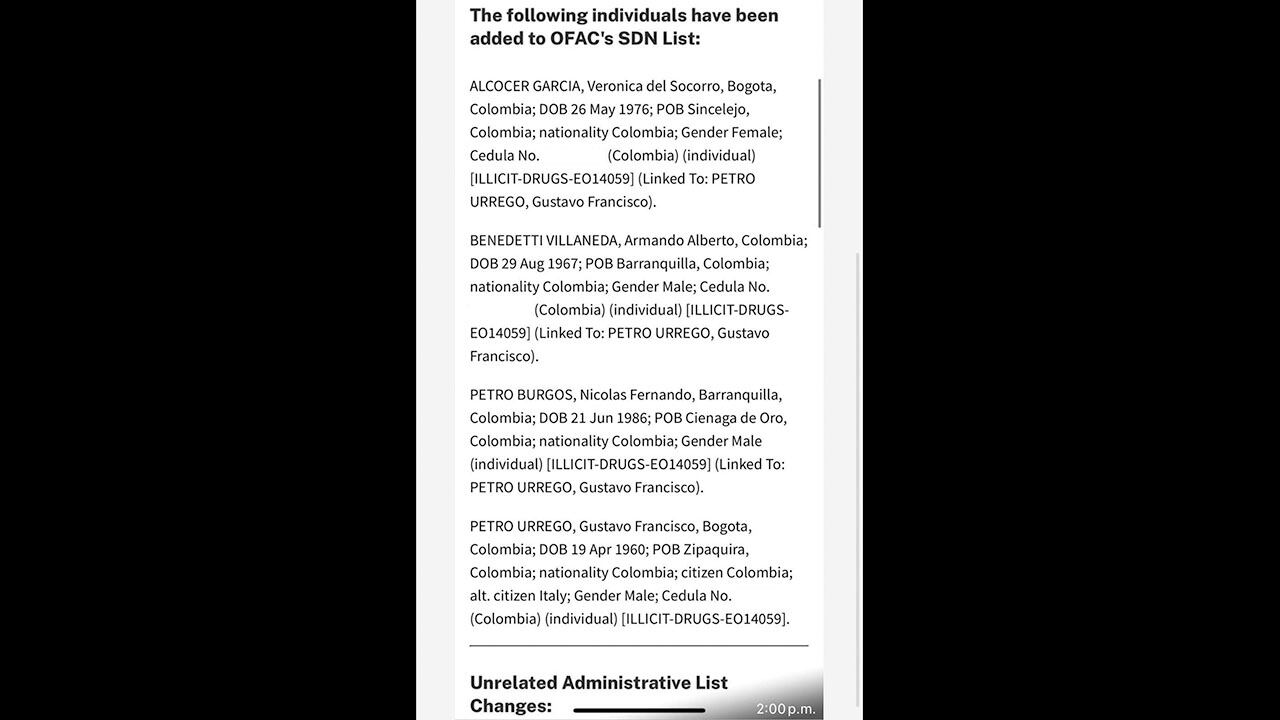 Nicolás Petro en la lista Clinton.