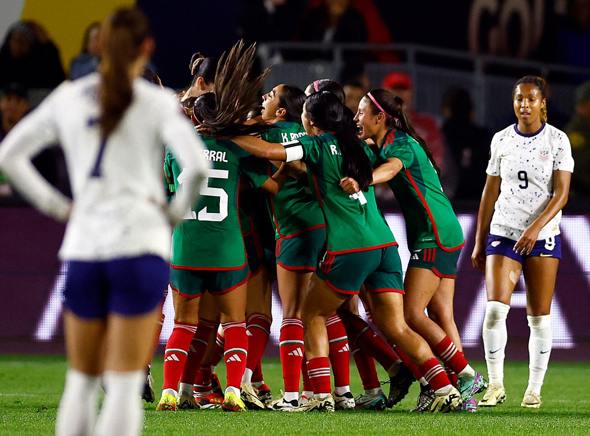 CARSON, CALIFORNIA - FEBRUARY 26: Mexico celebrates a goal against the United States in the second half during Group A - 2024 Concacaf W Gold Cup match at Dignity Health Sports Park on February 26, 2024 in Carson, California.   Ronald Martinez/Getty Images/AFP (Photo by RONALD MARTINEZ / GETTY IMAGES NORTH AMERICA / Getty Images via AFP)