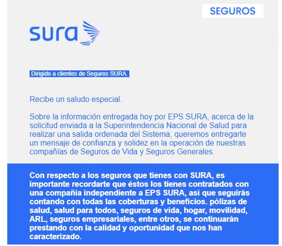 Correo enviado por Seguros Sura a sus clientes.
