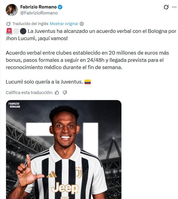 Fabrizio Romano confirma a Lucumí en Juventus