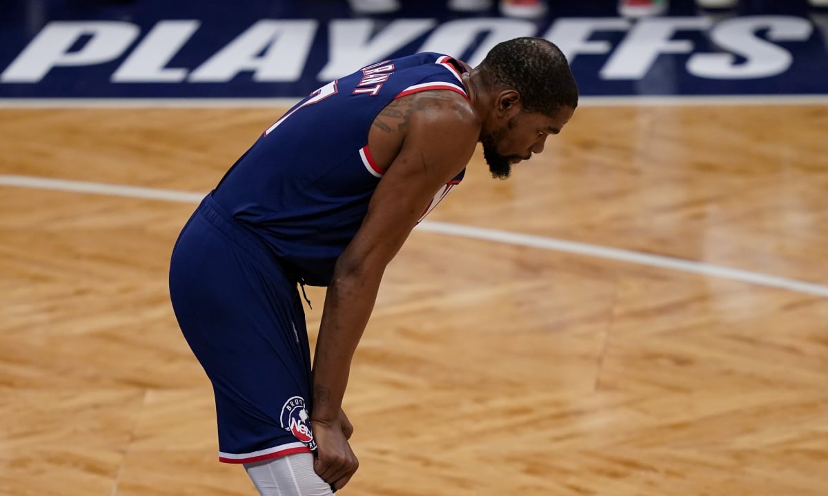 Brooklyn Nets forward Kevin Durant (7) waits for play to resume as his team trails during the first half of Game 4 of an NBA basketball first-round playoff series against the Boston Celtics, Monday, April 25, 2022, in New York. (AP Photo/John Minchillo)
