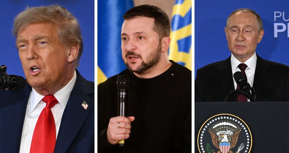 Donald Trump, Volodimir Zelenski y Vladimir Putin, presidentes de Estados Unidos, Ucrania y Rusia, respectivamente.