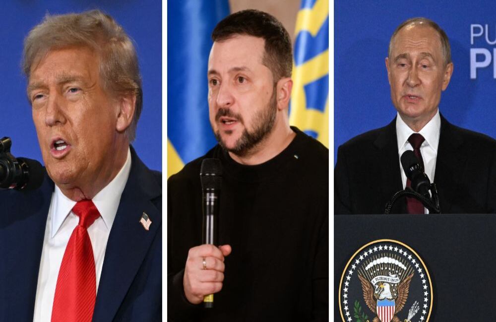 Donald Trump, Volodimir Zelenski y Vladimir Putin, presidentes de Estados Unidos, Ucrania y Rusia, respectivamente.