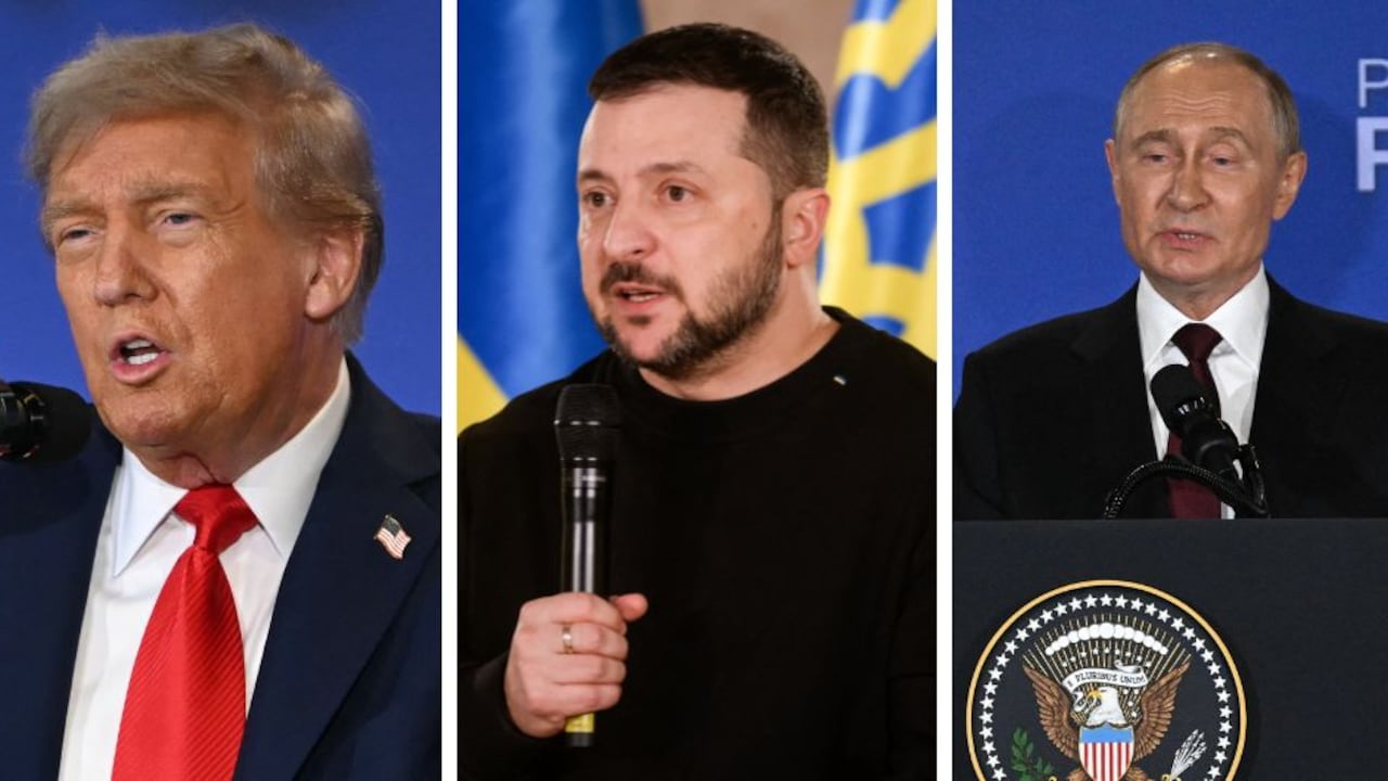 Donald Trump, Volodimir Zelenski y Vladimir Putin, presidentes de Estados Unidos, Ucrania y Rusia, respectivamente.