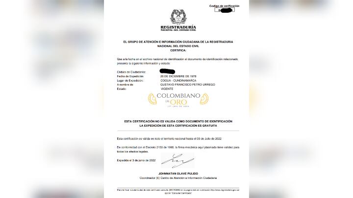 Cédula Gustavo Petro