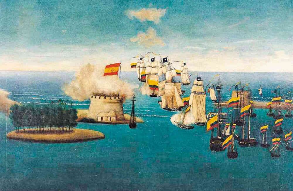  Acción del Castillo de Maracaibo: José María Espinosa se propuso a partir de 1845, como programa artístico, reconstruir las batallas que condujeron a la independencia. Aunque no conoció el mar ni asistió a la batalla de Maracaibo, como sí lo había hecho en la campaña del sur de Antonio Nariño, resolvió informarse a través de los grabados originales que registraron los diversos combates. Uno de estos grabados debió servir de fuente para sus pinturas. José María Espinosa Prieto (atribuido), ca. 1840, óleo sobre tela, Museo Nacional de Colombia.
