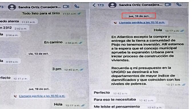 Chat entre Olmedo López y Sandra Ortiz hablando de contratación en la UNGRD.