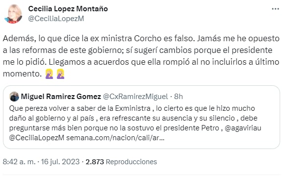 Trino publicado por la exministra de Agricultura, Cecilia López.