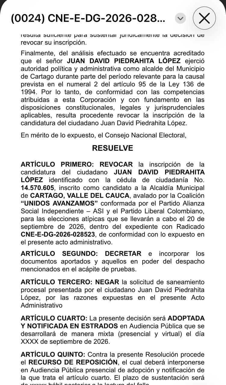 Posible decisión del CNE sobre exalcalde de Cartago
