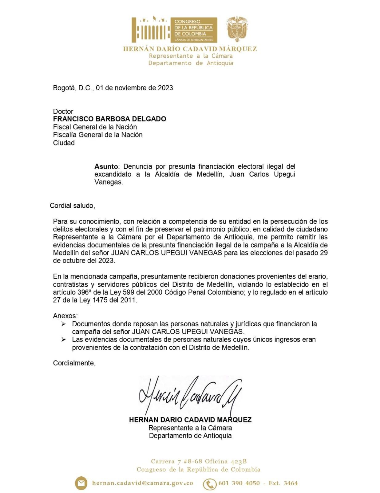 Juan Carlos Upegui fue denunciado por la presunta financiación ilícita de su campaña con aparentes recursos públicos de Medellín.