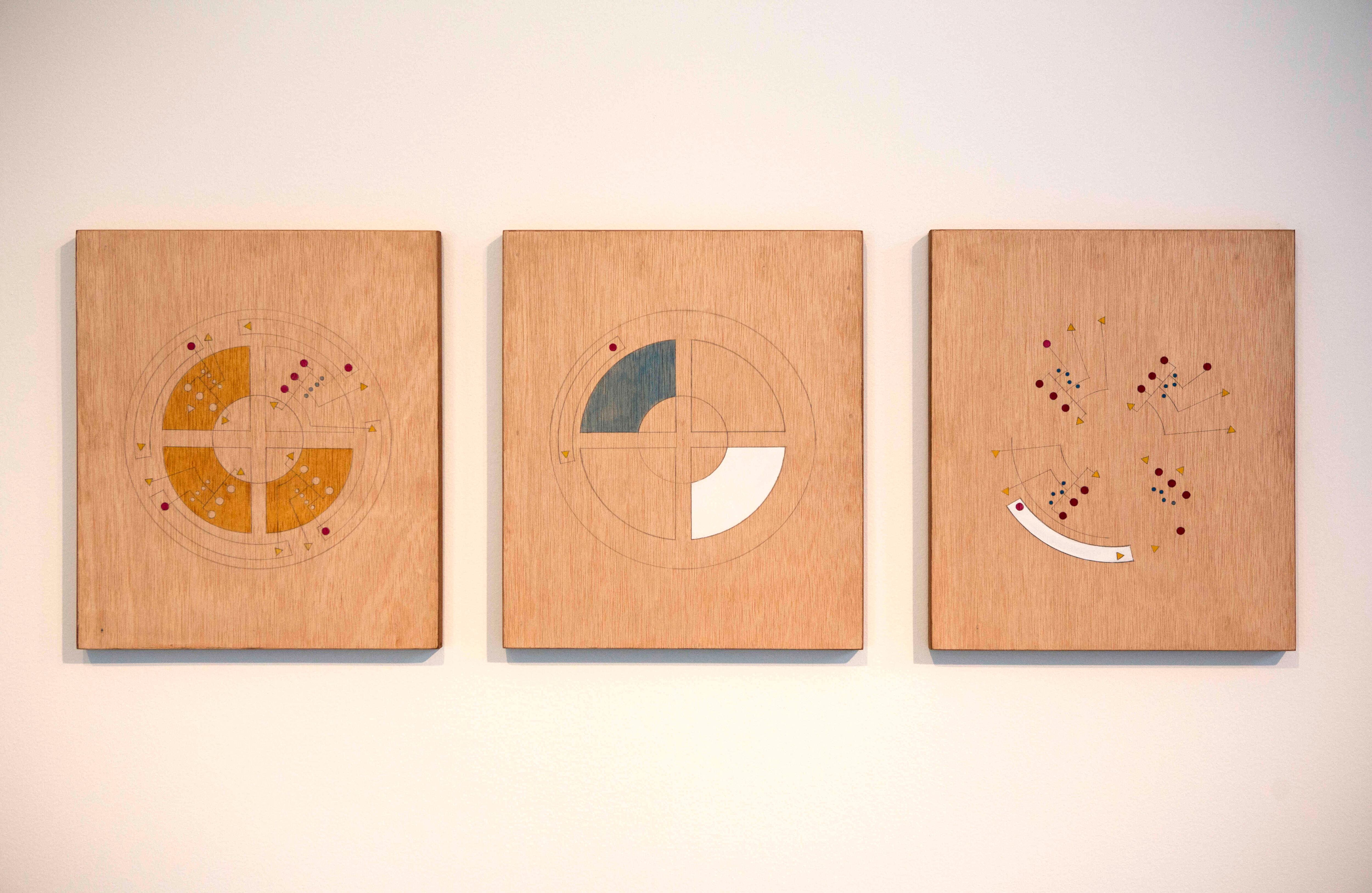 'Dibujos' composiciones con acuarela, lápiz y geso, que representan las jerarquías de los ecosistemas presentes en la selva de Nigeria.