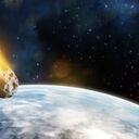 Digital illustration of asteroid entering atmosphere of a blue planet.