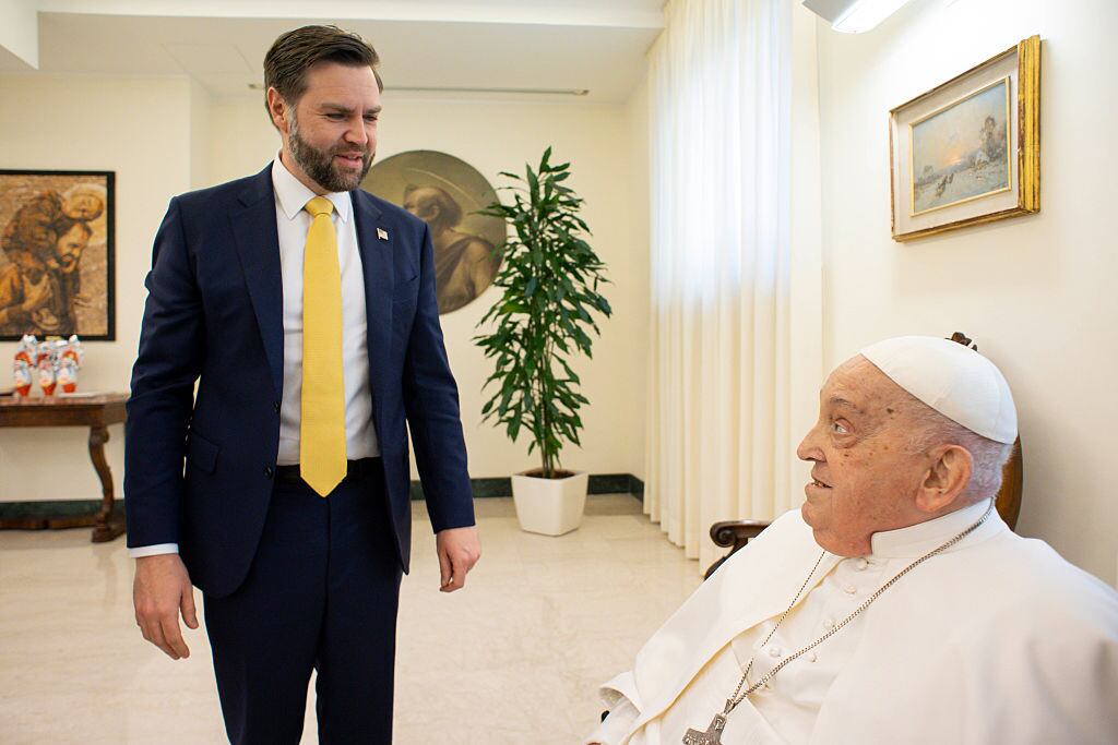 VATICAN CITY, VATICAN - APRIL 20: (EDITOR NOTE: STRICTLY EDITORIAL USE ONLY - NO MERCHANDISING). Pope Francis  meets with U.S. Vice President JD Vance and delegation during an audience at Casa Santa Marta on April 20, 2025 in Vatican City, Vatican. (Photo by Vatican Media via Vatican Pool/Getty Images)