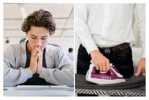 Imagen de referencia de estudiante y la actividad en el hogar de planchar ropa. Getty Images.