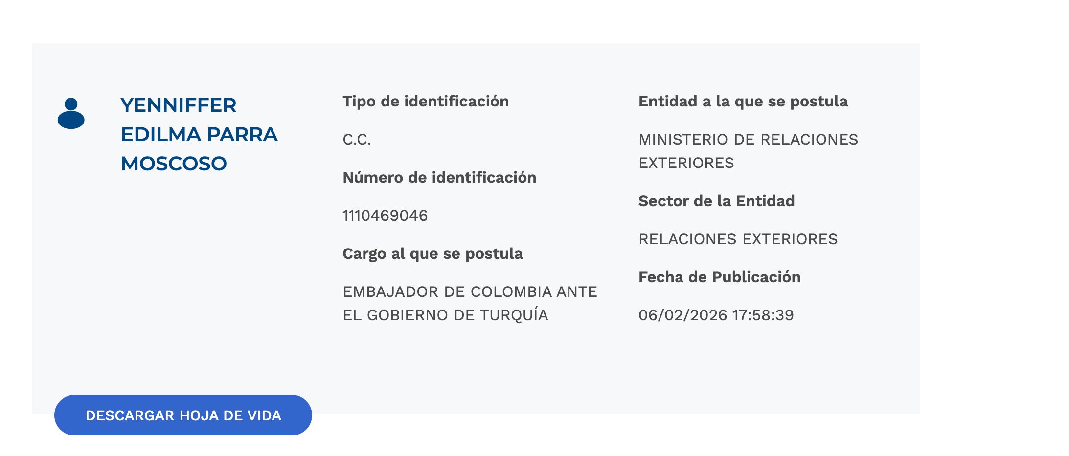 Hoja de vida publicada en página de la presidencia